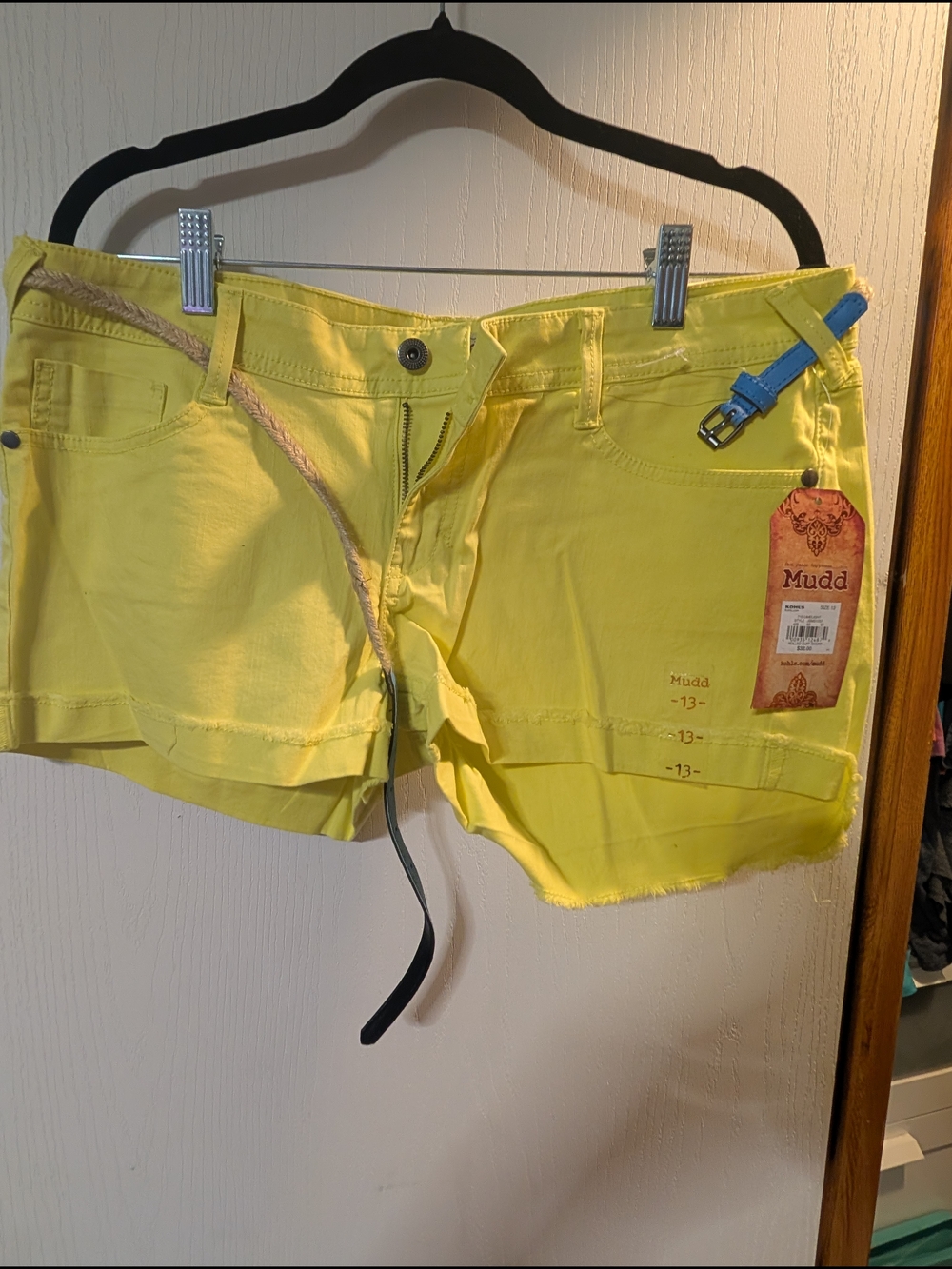 Mudd Bright Yellow Denim Cutoff Shorts with Blue Belt Accent (B113)